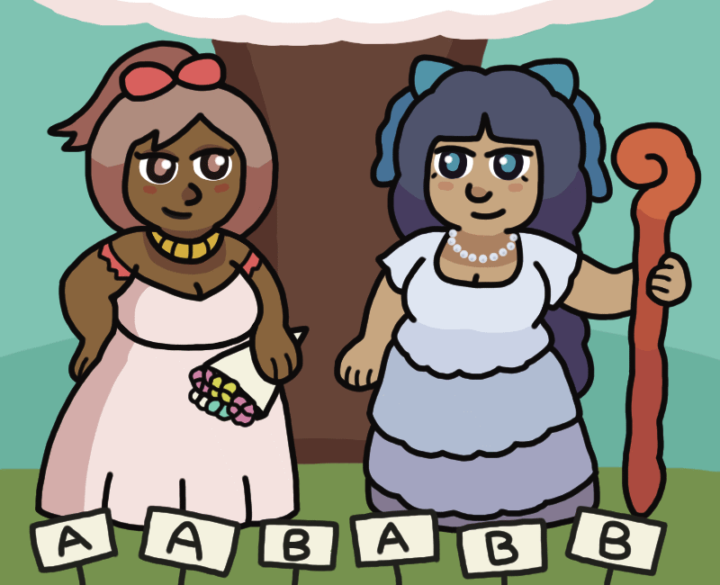 Asha and Brooke, now young adults, standing together at their wedding beneath a pink tree, looking determined but also blushing. An off-screen crowd holds up signs reading either "A" or "B" in equal number. Asha has her hair up in a ponytail, wears a gold necklace and light-pink wedding dress, and holds a bouquet. Brooke has waist-length fluffy hair, wears a pearl necklace and light-blue layered dress, and holds a large staff.