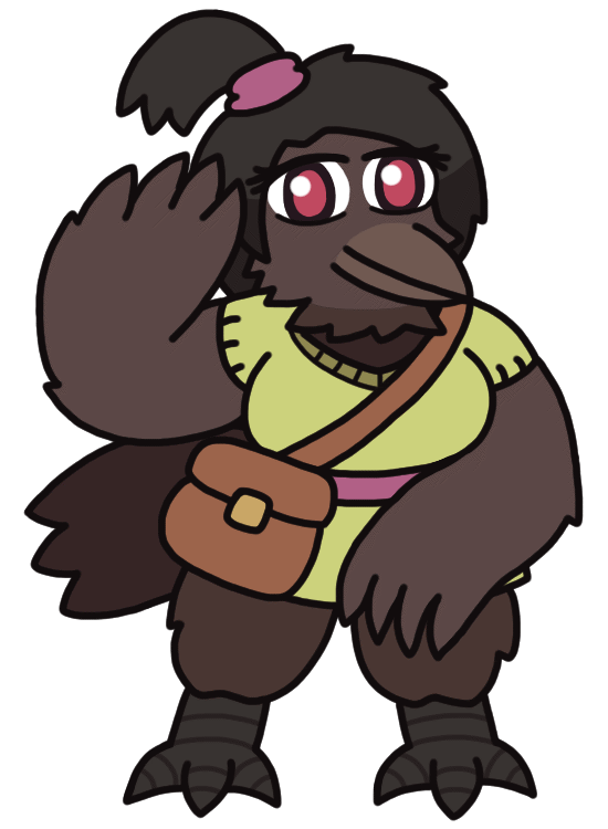 An anthropomorphic crow woman wearing a cross-body mailbag, standing firm and raising her wing in a greeting. She has a ponytail tied up with a pink scrunchie, wears a green garment with a short skirt, and has fuzzy legs that end in talon feet. An anthropomorphic crow woman wearing a cross-body mailbag, standing firm and raising her wing in a greeting. She has a ponytail tied up with a pink scrunchie, wears a green garment with a short skirt, and has fuzzy legs that end in talon feet.