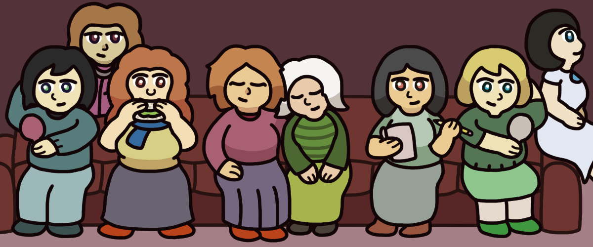 Characters from Libretta relaxing on a very long sofa. Kay and Lauren are in the center with their eyes closed, and Lauren leaning on Kay. To their left is Kelly eating a sandwich, Mik looking into a hand mirror, and Kamille leaning over the back. To their right is Kendall holding a pencil and pad of paper, Kim looking into a hand mirror, and Chang'e sitting on the sofa arm looking skyward.