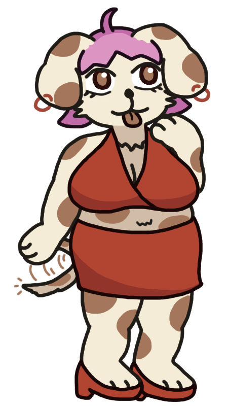 An anthropomorphic dog with pale fur and brown spots. Her tongue is sticking out as she looks up with a dumb smile, putting one paw to her chin while her tail visibly wags behind her other loose-hanging paw. She has pink hair with a strand sticking up, big floppy ears with earrings, and wears a red bra, skirt, and heels. An anthropomorphic dog with pale fur and brown spots. Her tongue is sticking out as she looks up with a dumb smile, putting one paw to her chin while her tail visibly wags behind her other loose-hanging paw. She has pink hair with a strand sticking up, big floppy ears with earrings, and wears a red bra, skirt, and heels.