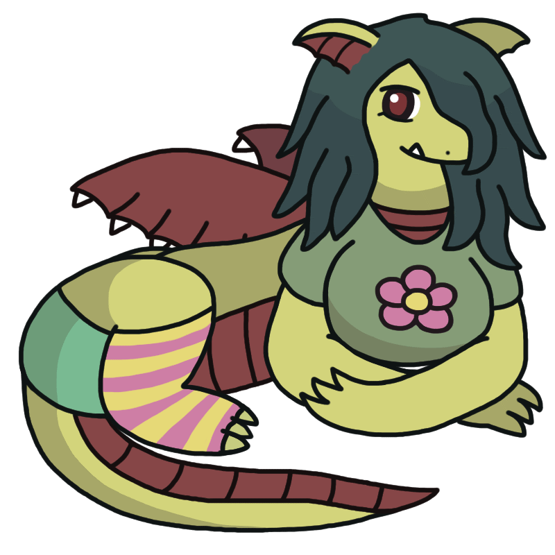 An anthropomorphic dragon girl with a long torso lying down relaxed, her elbows resting on the ground and her hind legs up. She has long unkempt dark hair with a bang that covers one eye and hangs over her snout, and she wears a T-shirt with a flower on it, and striped socks with holes for her clawed toes. An anthropomorphic dragon girl with a long torso lying down relaxed, her elbows resting on the ground and her hind legs up. She has long unkempt dark hair with a bang that covers one eye and hangs over her snout, and she wears a T-shirt with a flower on it, and striped socks with holes for her clawed toes.