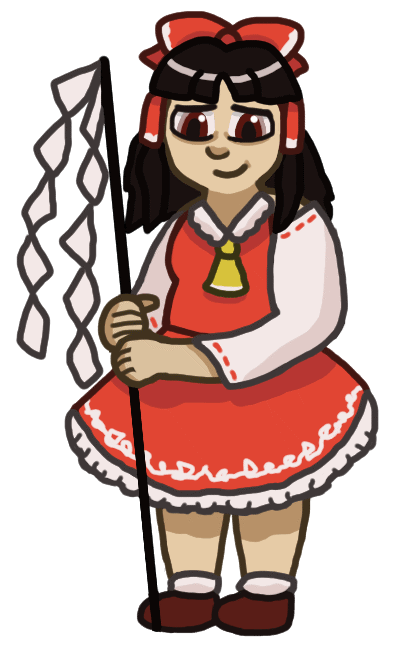 A drawing of Reimu Hakurei holding a gohei, posed like and with the expression of that frame of George from Seinfeld holding a baseball bat. A drawing of Reimu Hakurei holding a gohei, posed like and with the expression of that frame of George from Seinfeld holding a baseball bat.