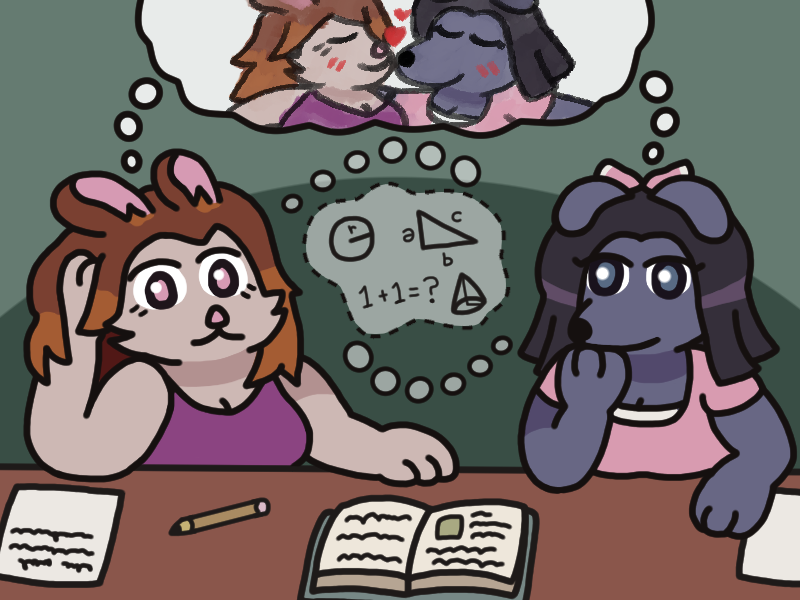 Two anthropomorphic girls, one bunny-like and one dog-like, sitting at a table studying an open textbook in the middle. They both lean on the table in thought, and imagine that the other is thinking about various math and geometry, indicated by a dotted-line thought bubble in the center. However, above this is a solid thought bubble shared by both that depicts the two of them drawn in a messier style kissing and blushing.