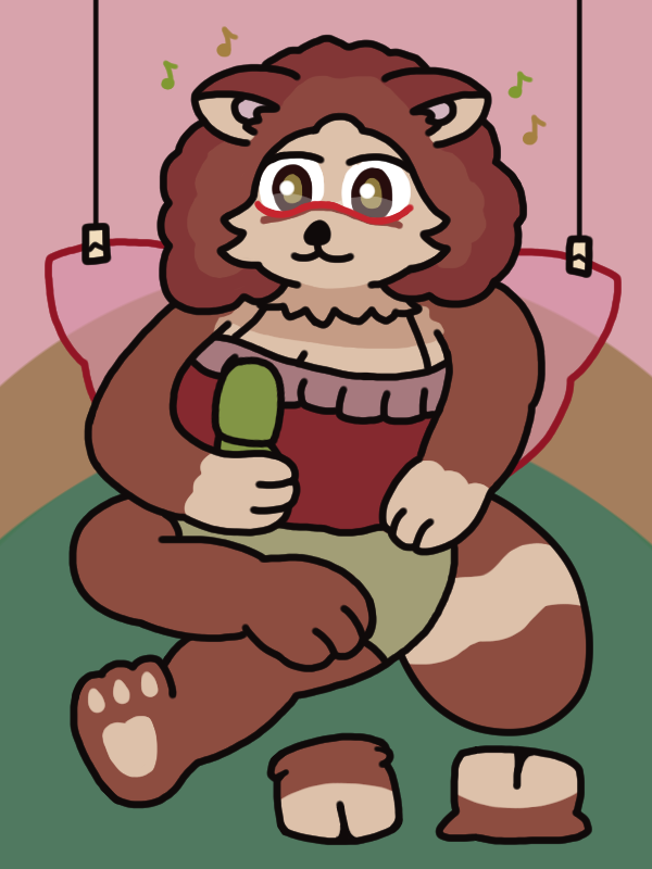 My fursona Velvette relaxing and crossing her legs, being held up in the air by clothespins attached to her wings. She's listening to music with earbuds and looks down at a green flip phone in her paw. She wears a loose frilly top and shorts, and has kicked off her usual hoof feet onto the floor as if they were boots, revealing paw-type feet.
