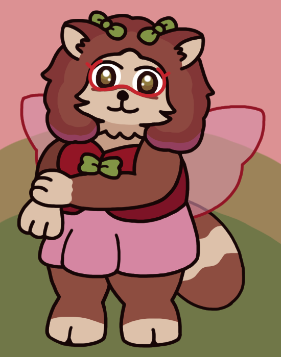 My fursona Velvette turning to look at the viewer with sparkling eyes and a smile, reaching an arm across to hold her other wrist. Compared to her usual look, she wears ribbons above her ears, and her hair is slightly more neat and has pink highlights.