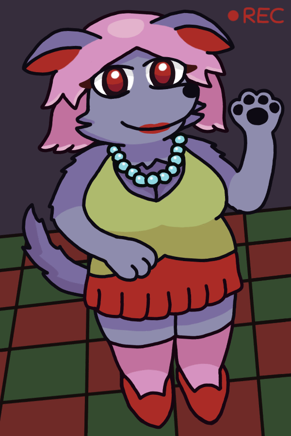 An anthropomorphic wolf woman viewed from a high tilted angle, with "REC" in red text in the corner. She waves at the camera, looking directly into it with a seemingly-knowing smile, and has a generally eye-catching appearance, with pink hair, red lipstick, and a pearl necklace. An anthropomorphic wolf woman viewed from a high tilted angle, with "REC" in red text in the corner. She waves at the camera, looking directly into it with a seemingly-knowing smile, and has a generally eye-catching appearance, with pink hair, red lipstick, and a pearl necklace.
