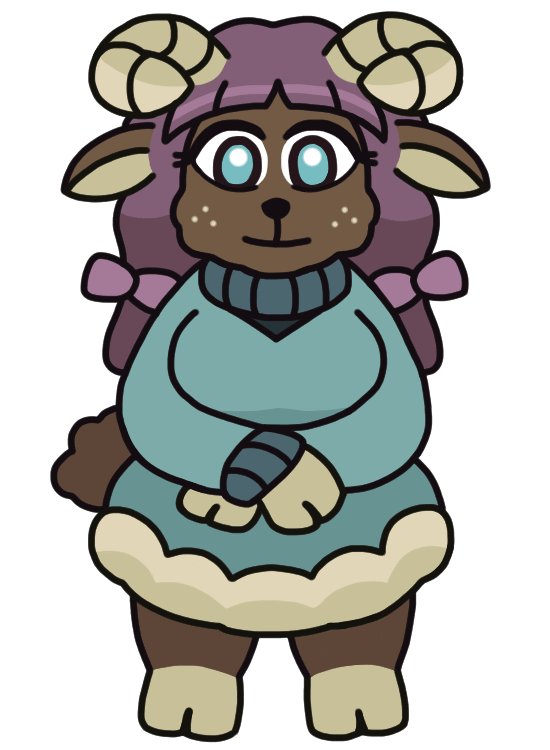 An anthropomorphic sheep girl with big, wide-open eyes. Her hoof hands, crossed in front of her, rest on her belly. She has curly horns, ribbons in her hair, and wears a fluffy coat. An anthropomorphic sheep girl with big, wide-open eyes. Her hoof hands, crossed in front of her, rest on her belly. She has curly horns, ribbons in her hair, and wears a fluffy coat.